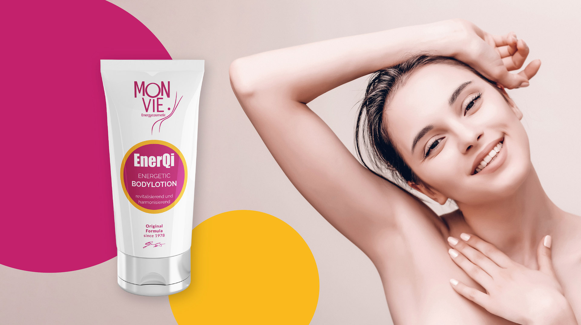 Monvie EnerQi Energiekosmetik - energetische Creme für eine gesunde und basische Haut - Banner für Bodylotion - revitalisierend und straffend mit einer jungen Frau