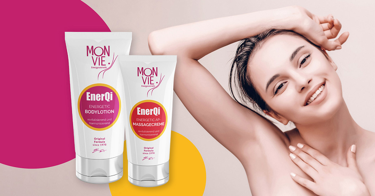 Monvie EnerQi Energiekosmetik - energetische Creme für eine gesunde und basische Haut - Banner für Bodylotion und Massagecreme - revitalisierend und straffend mit einer jungen Frau