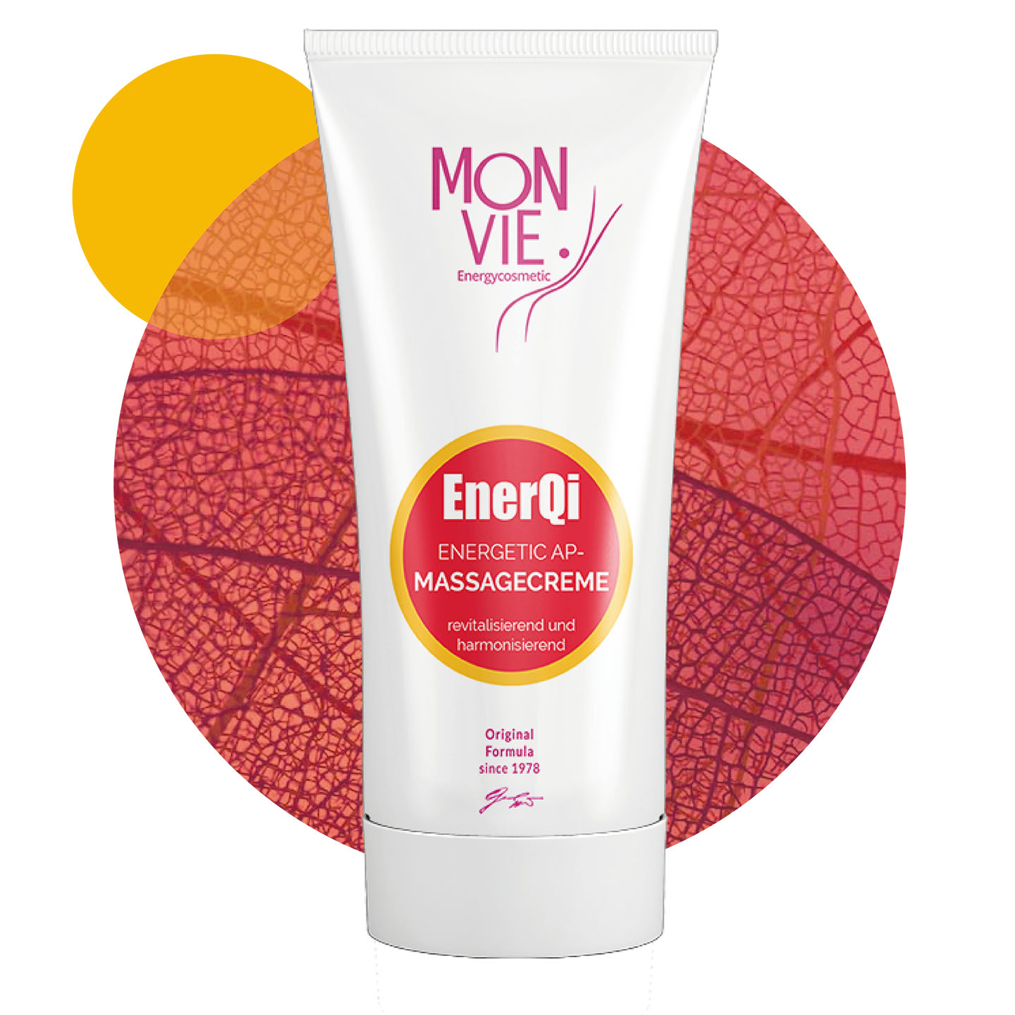 Monvie Energiekosmetik - EnerQi revitalisierend & harmonisierend energetic AP Massagecreme 100ml - Mockup mit Kreis und Blättern